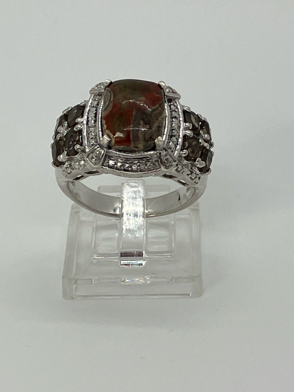 Vtg STS 925 Sterling Silver Crazy Lace Agate Smoky Quartz Statement Ring Sz 9